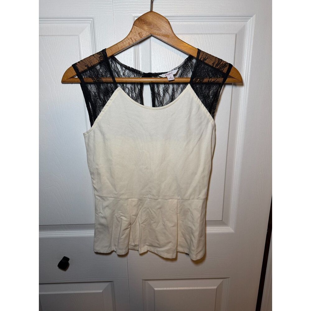Candie's Ivory Peplum Tank Top Black Lace Back Women's Medium